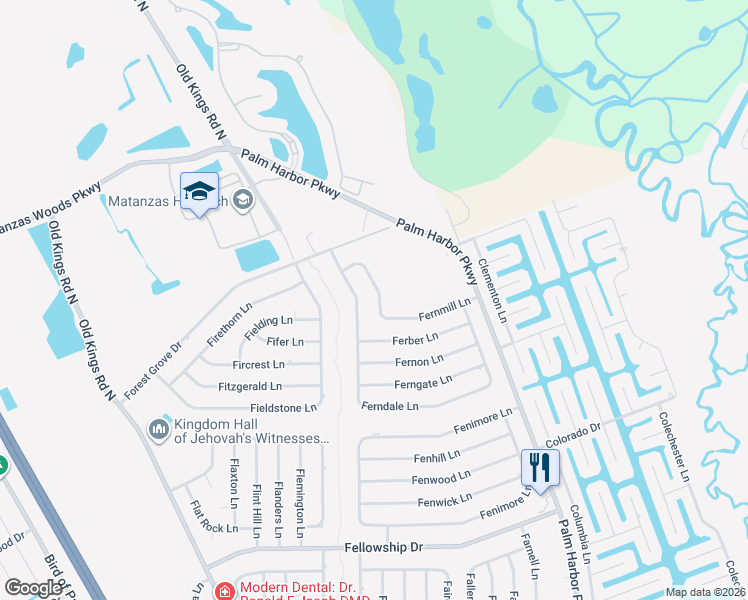 map of restaurants, bars, coffee shops, grocery stores, and more near 23 Fernmill Lane in Palm Coast