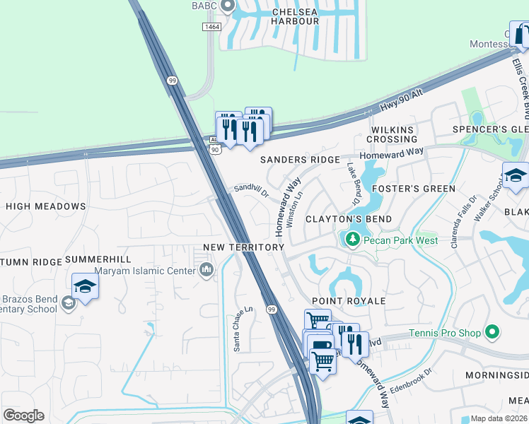 map of restaurants, bars, coffee shops, grocery stores, and more near 622 Avery Drive in Sugar Land