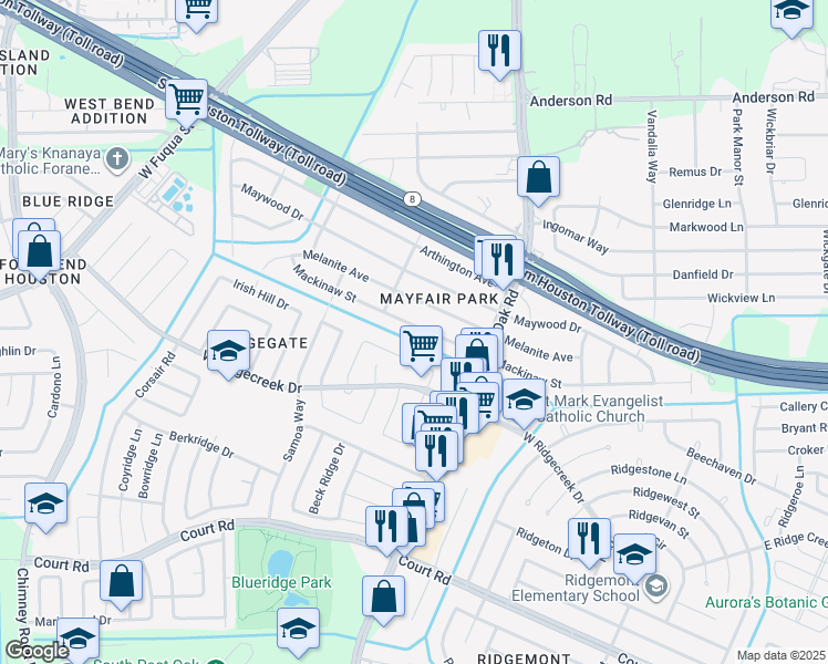 map of restaurants, bars, coffee shops, grocery stores, and more near 5613 Mackinaw Street in Houston