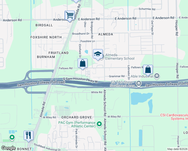 map of restaurants, bars, coffee shops, grocery stores, and more near 193 Grammar Road in Houston