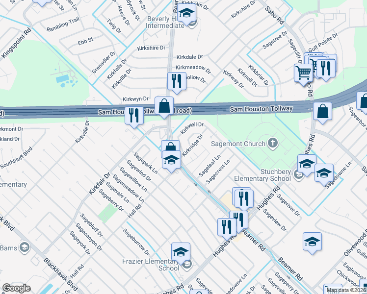 map of restaurants, bars, coffee shops, grocery stores, and more near 10914 Kirkbrush Drive in Houston