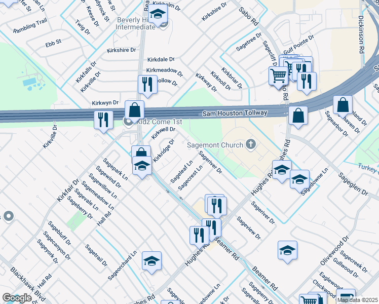 map of restaurants, bars, coffee shops, grocery stores, and more near 11106 Sageriver Court in Houston