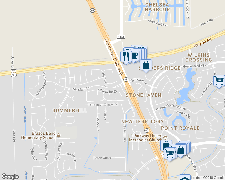 map of restaurants, bars, coffee shops, grocery stores, and more near 4723 Silverlake Drive in Sugar Land