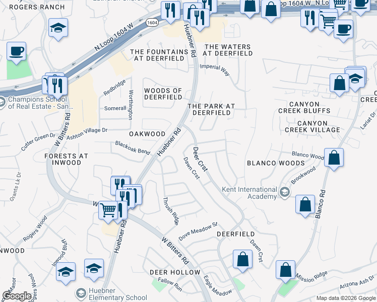 map of restaurants, bars, coffee shops, grocery stores, and more near 1519 Hawks Meadow in San Antonio