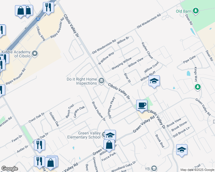 map of restaurants, bars, coffee shops, grocery stores, and more near 104 Springtree Cliff in Cibolo