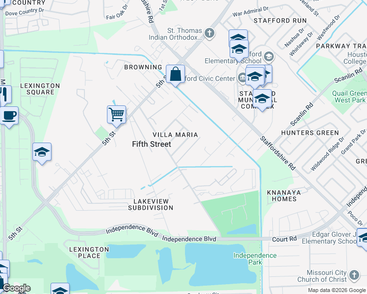 map of restaurants, bars, coffee shops, grocery stores, and more near 2823 Lelia Street in Stafford