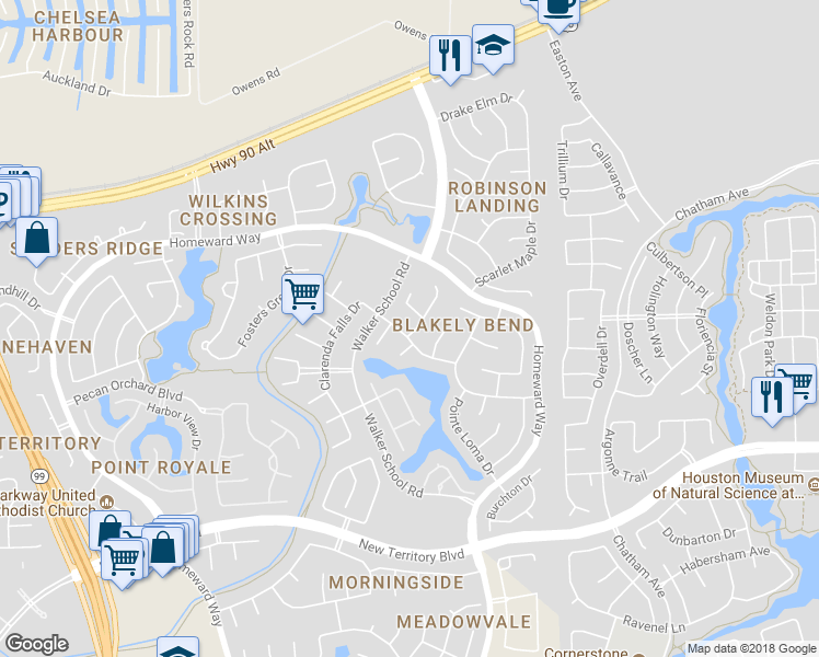 map of restaurants, bars, coffee shops, grocery stores, and more near 658 Clarenda Falls Drive in Sugar Land