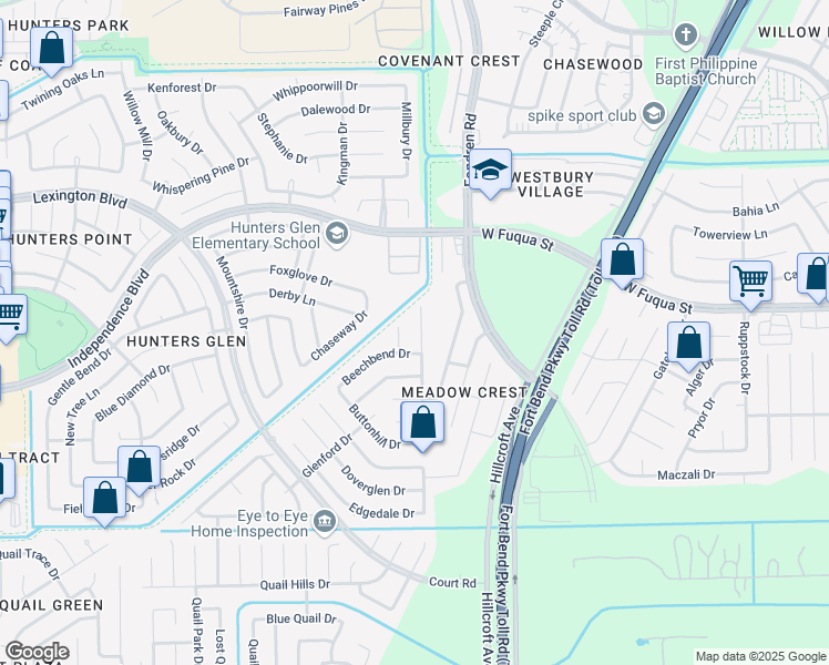 map of restaurants, bars, coffee shops, grocery stores, and more near 2126 Rittenmore Drive in Missouri City