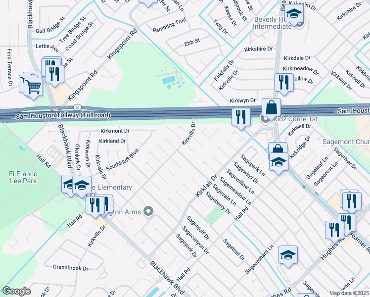 map of restaurants, bars, coffee shops, grocery stores, and more near 10406 Sagemeadow Lane in Houston