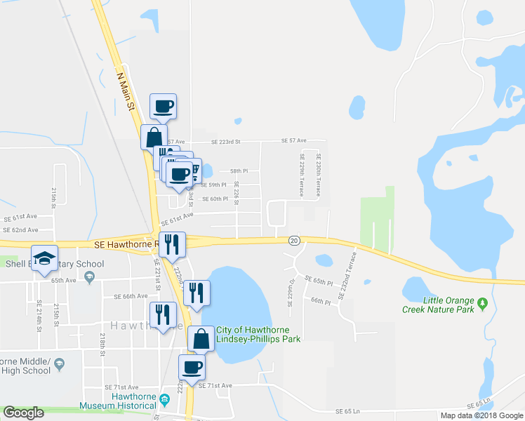 map of restaurants, bars, coffee shops, grocery stores, and more near 706 Northeast 5th Street in Hawthorne