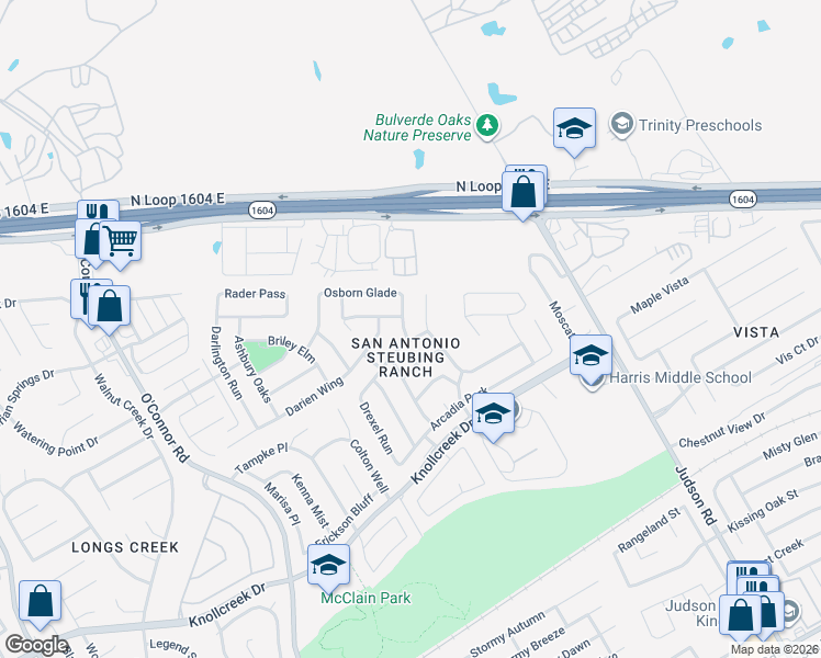 map of restaurants, bars, coffee shops, grocery stores, and more near 17206 Eldon Rock in San Antonio