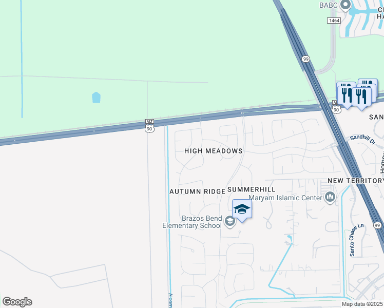 map of restaurants, bars, coffee shops, grocery stores, and more near 218 High Meadows Drive in Sugar Land
