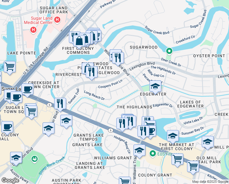 map of restaurants, bars, coffee shops, grocery stores, and more near 1902 Strawfield Dr in Sugar Land