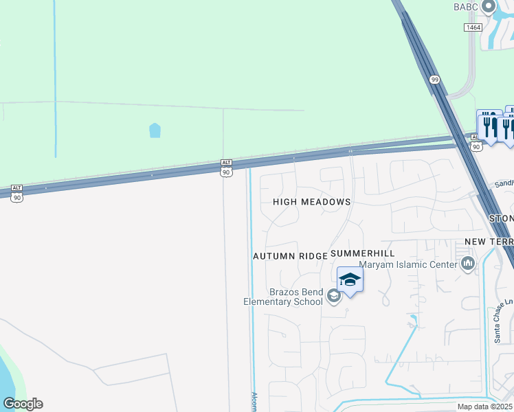 map of restaurants, bars, coffee shops, grocery stores, and more near 206 West New Meadows Drive in Sugar Land