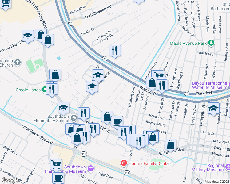 map of restaurants, bars, coffee shops, grocery stores, and more near 121 Adoue Street in Houma