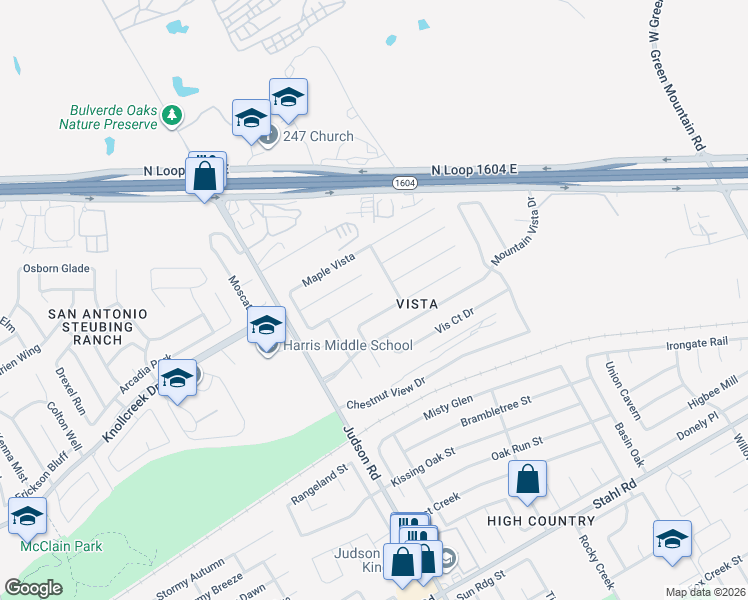 map of restaurants, bars, coffee shops, grocery stores, and more near 5362 Vista Glen Street in San Antonio