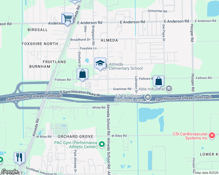 map of restaurants, bars, coffee shops, grocery stores, and more near 213 Grammar Road in Houston