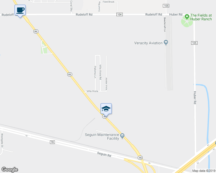 map of restaurants, bars, coffee shops, grocery stores, and more near 2453 Adobe Vista in Seguin