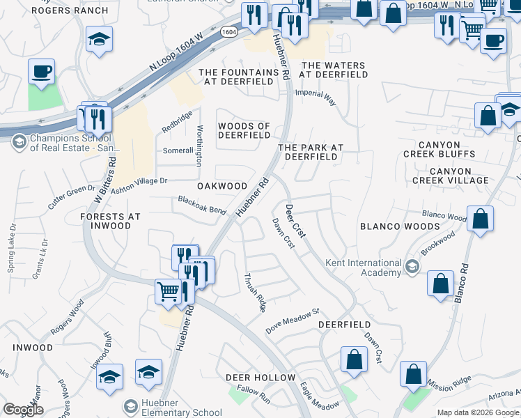 map of restaurants, bars, coffee shops, grocery stores, and more near 1519 Hawks Meadow in San Antonio
