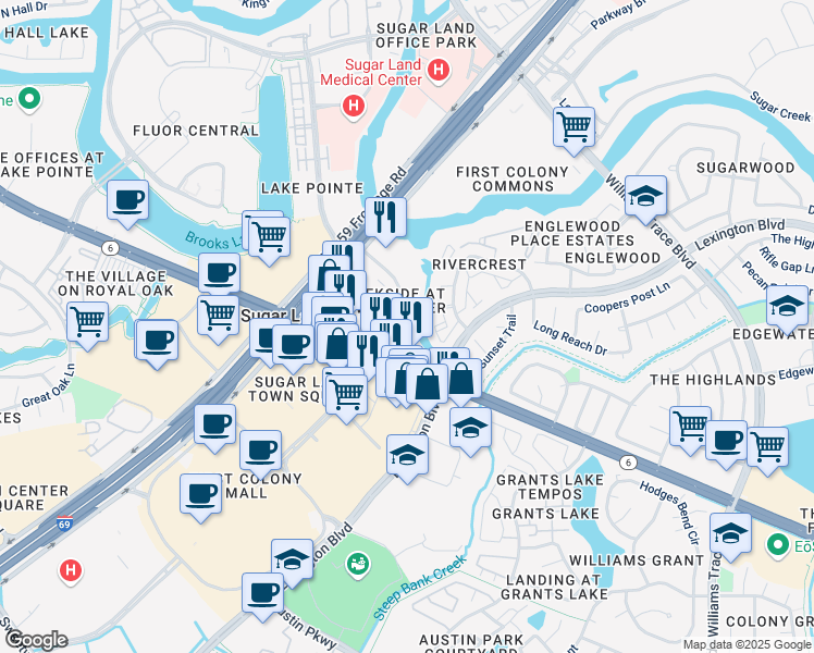 map of restaurants, bars, coffee shops, grocery stores, and more near 2329 Highway 6 in Sugar Land