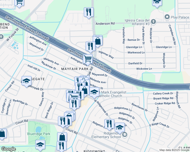 map of restaurants, bars, coffee shops, grocery stores, and more near 5421 Maywood Drive in Houston