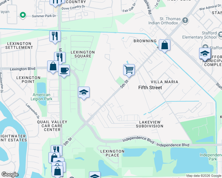 map of restaurants, bars, coffee shops, grocery stores, and more near 1122 Rosas Street in Stafford