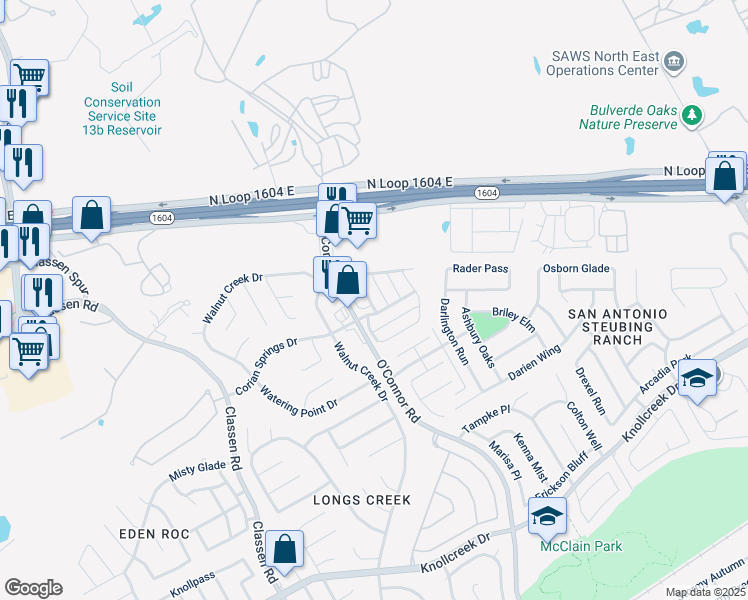 map of restaurants, bars, coffee shops, grocery stores, and more near 16114 Branching Oaks in San Antonio