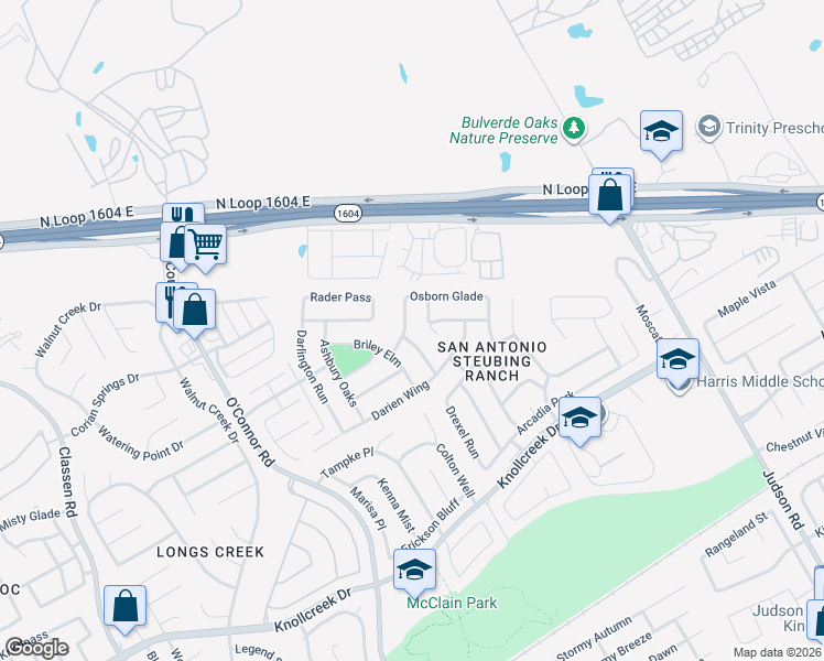 map of restaurants, bars, coffee shops, grocery stores, and more near 4703 Emden Hollow in San Antonio