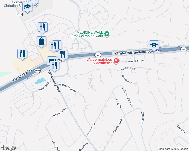 map of restaurants, bars, coffee shops, grocery stores, and more near 218 Wellesley Landing in Shavano Park