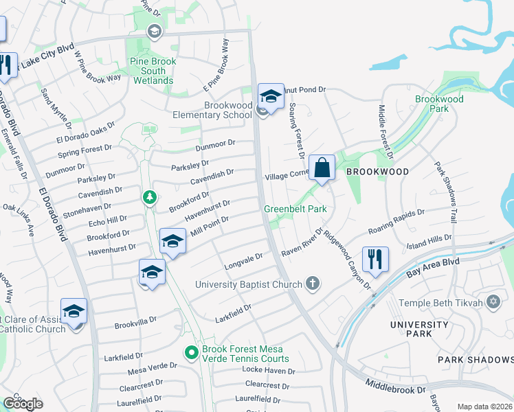 map of restaurants, bars, coffee shops, grocery stores, and more near 16451 Mill Point Drive in Houston