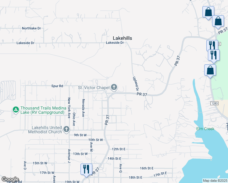 map of restaurants, bars, coffee shops, grocery stores, and more near 10514 Park Road 37 in Lakehills