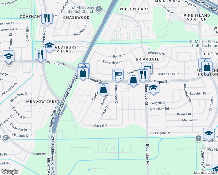 map of restaurants, bars, coffee shops, grocery stores, and more near 7414 Gatebriar Court in Missouri City