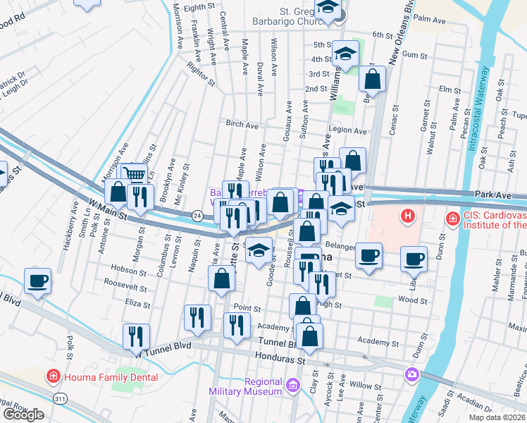 map of restaurants, bars, coffee shops, grocery stores, and more near 7839 West Park Avenue in Houma