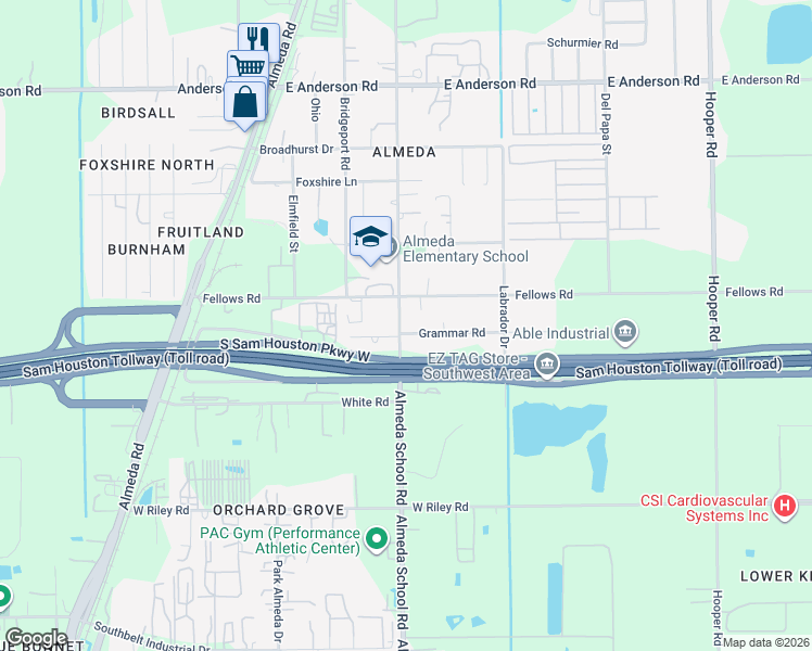 map of restaurants, bars, coffee shops, grocery stores, and more near 213 Grammar Road in Houston