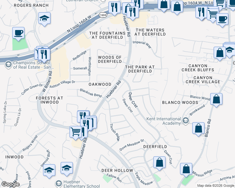 map of restaurants, bars, coffee shops, grocery stores, and more near 1519 Hawks Meadow in San Antonio