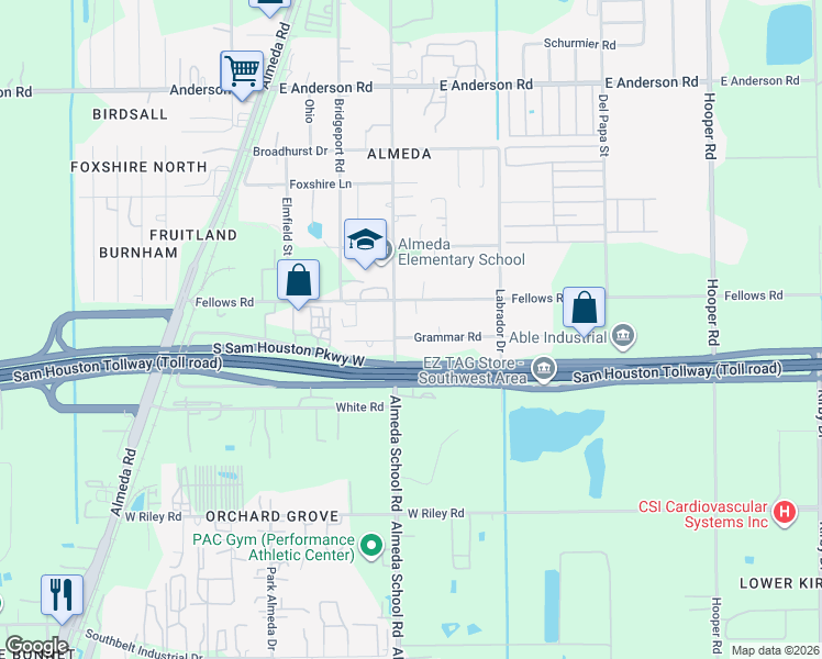 map of restaurants, bars, coffee shops, grocery stores, and more near 213 Grammar Road in Houston