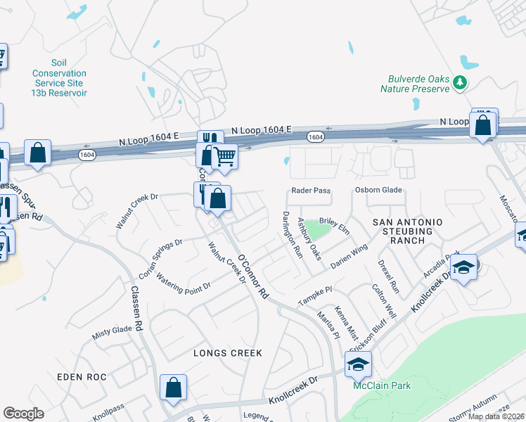map of restaurants, bars, coffee shops, grocery stores, and more near 4954 Corian Springs Drive in San Antonio