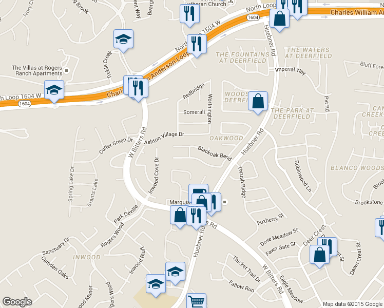 map of restaurants, bars, coffee shops, grocery stores, and more near 2247 Buroak Ridge in San Antonio