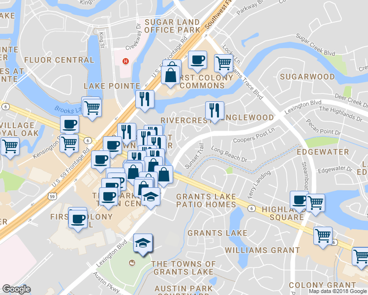 map of restaurants, bars, coffee shops, grocery stores, and more near 15782 Lexington Boulevard in Sugar Land