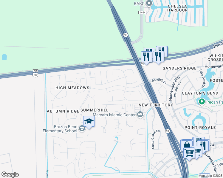 map of restaurants, bars, coffee shops, grocery stores, and more near 4515 Silverlake Drive in Sugar Land