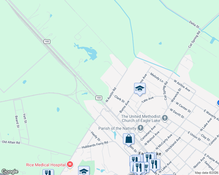 map of restaurants, bars, coffee shops, grocery stores, and more near 600 North Austin Road in Eagle Lake