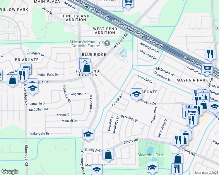 map of restaurants, bars, coffee shops, grocery stores, and more near 15751 Briargate Court in Missouri City