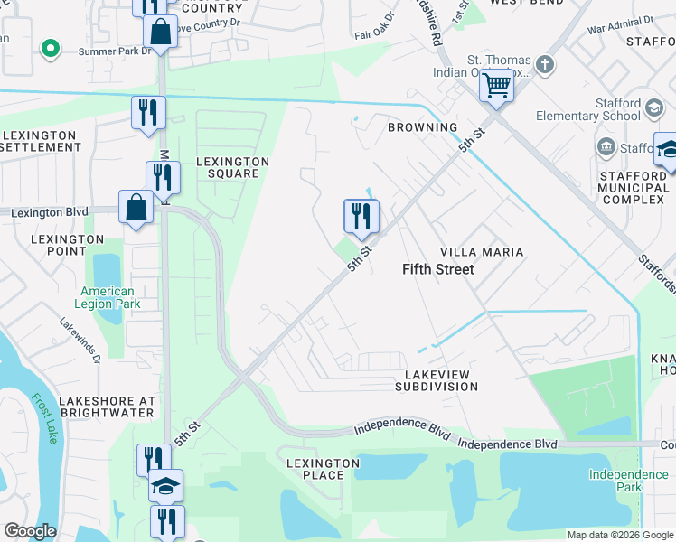 map of restaurants, bars, coffee shops, grocery stores, and more near 3130 5th Street in Stafford