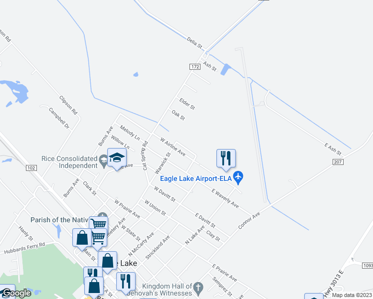 map of restaurants, bars, coffee shops, grocery stores, and more near 202 Hunters Lane in Eagle Lake