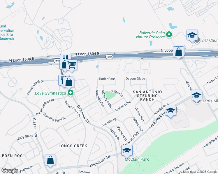 map of restaurants, bars, coffee shops, grocery stores, and more near 4607 Briley Elm in San Antonio