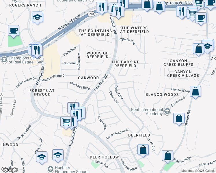 map of restaurants, bars, coffee shops, grocery stores, and more near 1519 Hawks Meadow in San Antonio