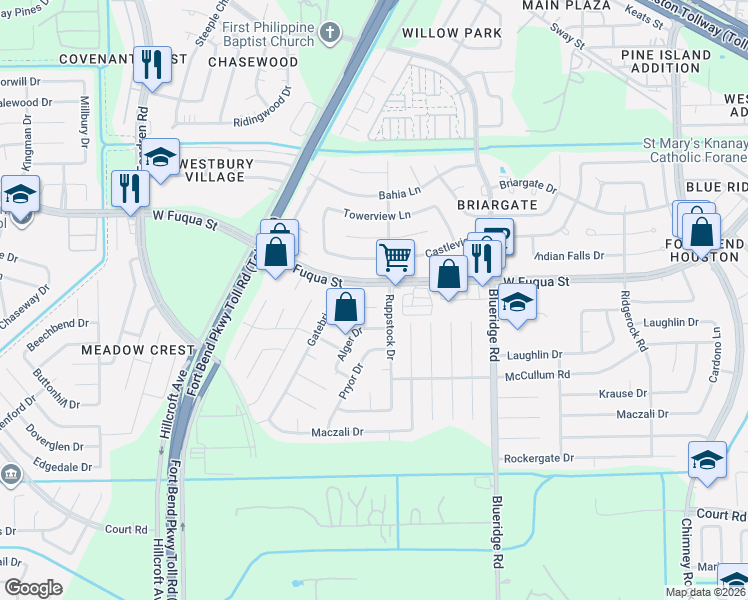 map of restaurants, bars, coffee shops, grocery stores, and more near 7414 Gatebriar Court in Missouri City