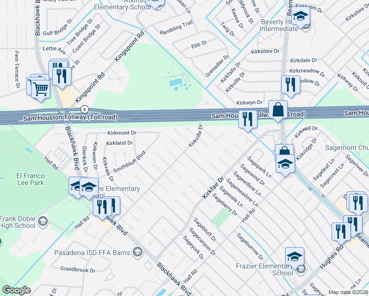map of restaurants, bars, coffee shops, grocery stores, and more near 10406 Sagemeadow Lane in Houston