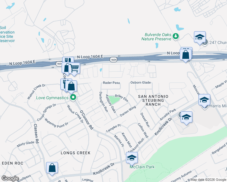 map of restaurants, bars, coffee shops, grocery stores, and more near 4607 Briley Elm in San Antonio