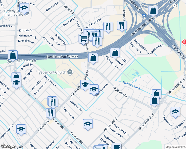 map of restaurants, bars, coffee shops, grocery stores, and more near 11415 Sagehollow Lane in Houston